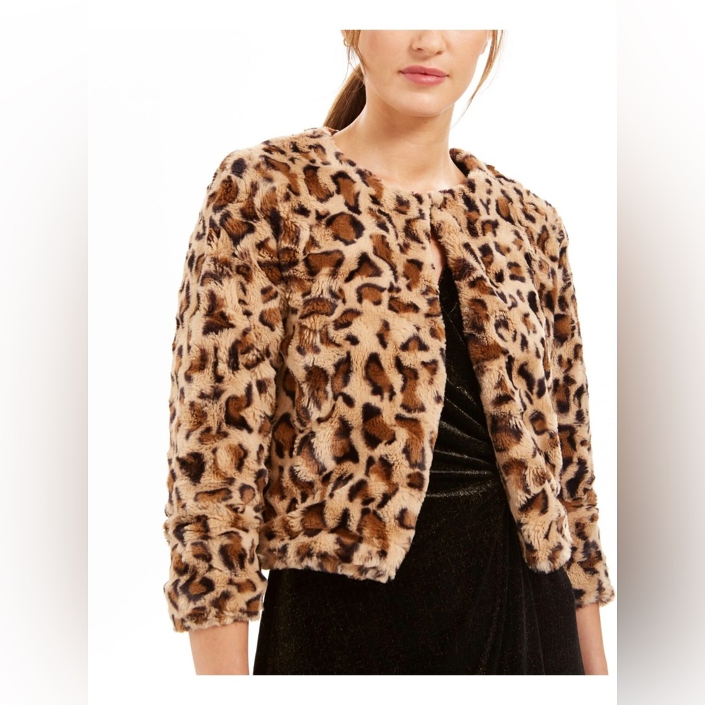 Calvin Klein Leopard Print Cropped Bolero Collarless 3/4 Sleeve Jacket - Large - Picture 8 of 9